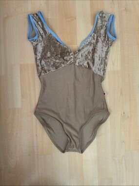Women's Taupe Velvet-Trim Bodysuit Leotard with Blue Piping Ellie L